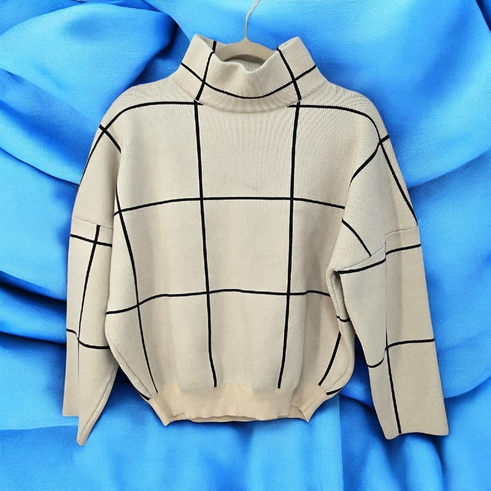 Chicwish Turtleneck Sweater Grid Pattern Wool Blend Pullover Top Woman M-L Heavy